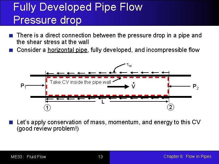 Fully Developed Pipe Flow Pressure drop There is a direct connection between the pressure