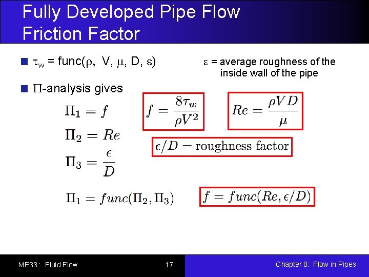 Fully Developed Pipe Flow Friction Factor w = func( V, , D, ) =