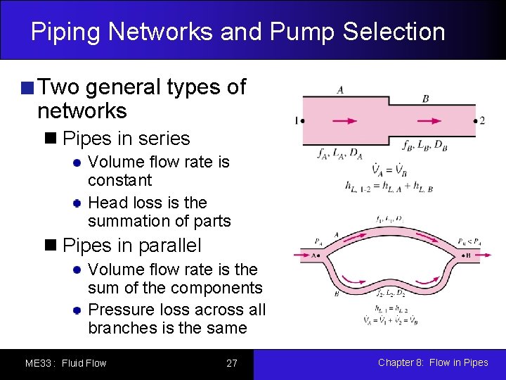 Piping Networks and Pump Selection Two general types of networks Pipes in series Volume