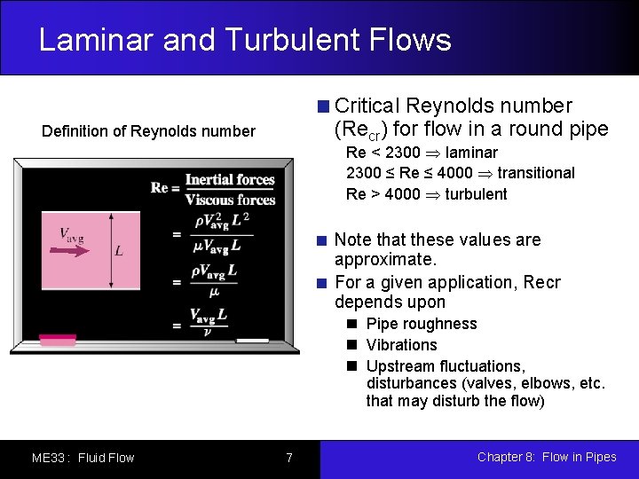 Laminar and Turbulent Flows Critical Reynolds number (Recr) for flow in a round pipe