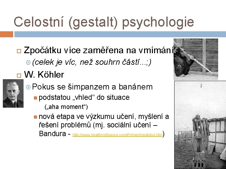 Celostní (gestalt) psychologie Zpočátku více zaměřena na vmímání (celek je víc, než souhrn částí.