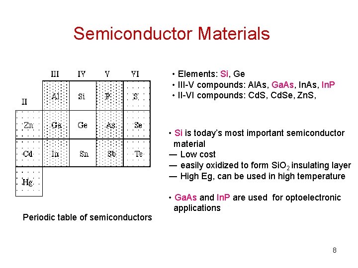 Semiconductor Materials • Elements: Si, Ge • III-V compounds: Al. As, Ga. As, In.