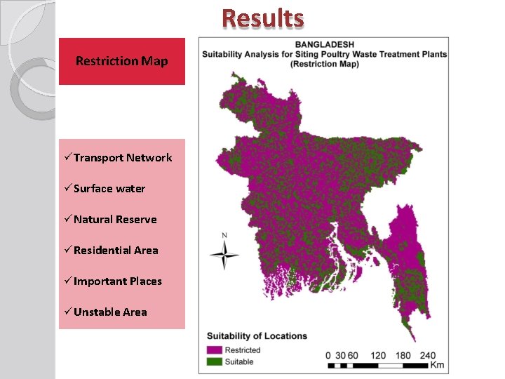 Results Restriction Map Transport Network Surface water Natural Reserve Residential Area Important Places Unstable