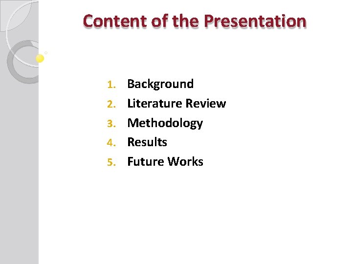 Content of the Presentation 1. 2. 3. 4. 5. Background Literature Review Methodology Results