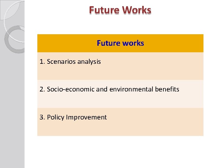Future Works Future works 1. Scenarios analysis 2. Socio-economic and environmental benefits 3. Policy