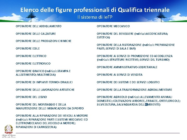 Elenco delle figure professionali di Qualifica triennale Il sistema di Ie. FP OPERATORE DELL'ABBIGLIAMENTO