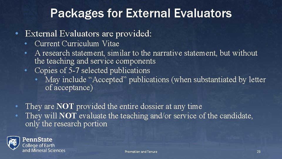 Packages for External Evaluators • External Evaluators are provided: • Current Curriculum Vitae •