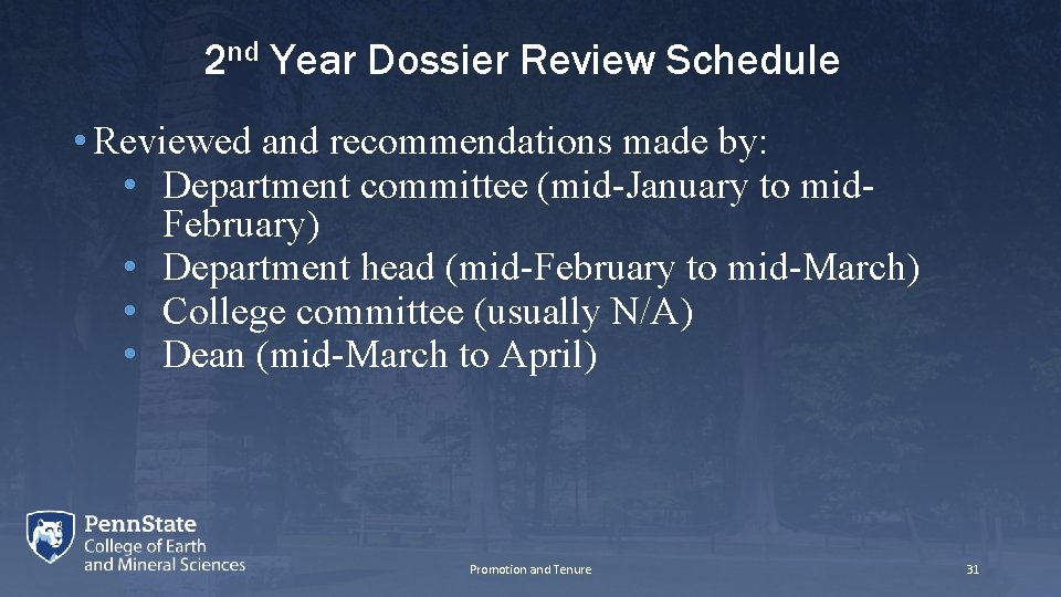 2 nd Year Dossier Review Schedule • Reviewed and recommendations made by: • Department