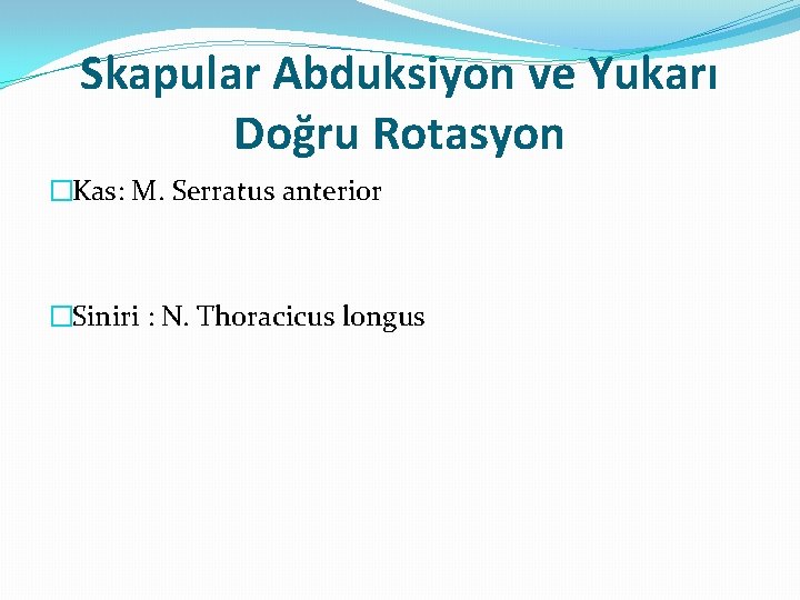Skapular Abduksiyon ve Yukarı Doğru Rotasyon �Kas: M. Serratus anterior �Siniri : N. Thoracicus