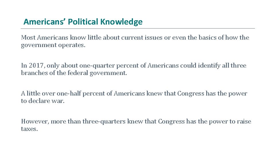 Americans’ Political Knowledge Most Americans know little about current issues or even the basics