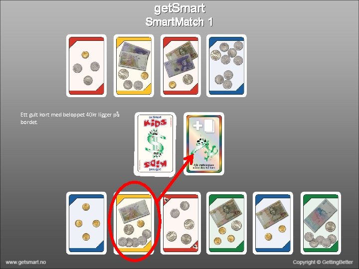 get. Smart. Match 1 Ett gult kort med beloppet 40 kr ligger på bordet.