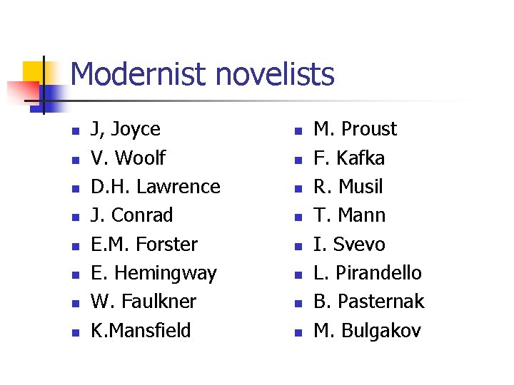 Modernist novelists n n n n J, Joyce V. Woolf D. H. Lawrence J.