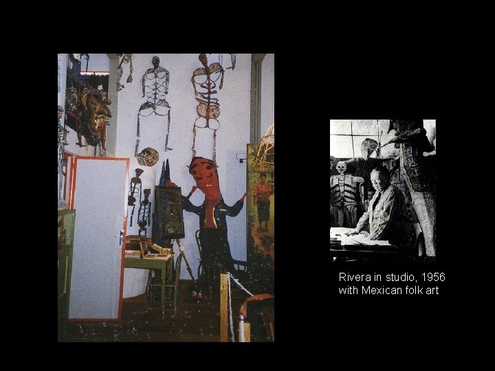 Rivera in studio, 1956 with Mexican folk art 