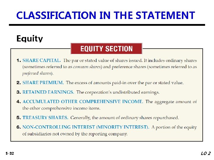 CLASSIFICATION IN THE STATEMENT Equity 5 -32 LO 2 