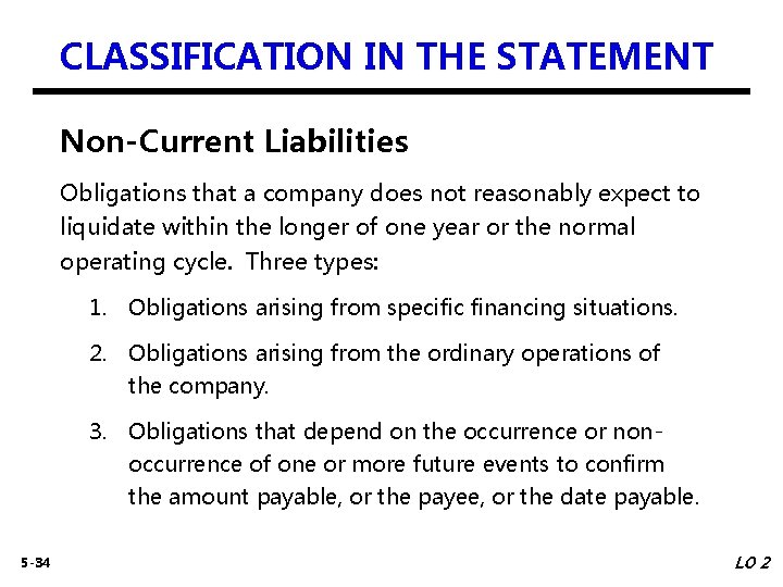 CLASSIFICATION IN THE STATEMENT Non-Current Liabilities Obligations that a company does not reasonably expect