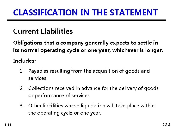 CLASSIFICATION IN THE STATEMENT Current Liabilities Obligations that a company generally expects to settle