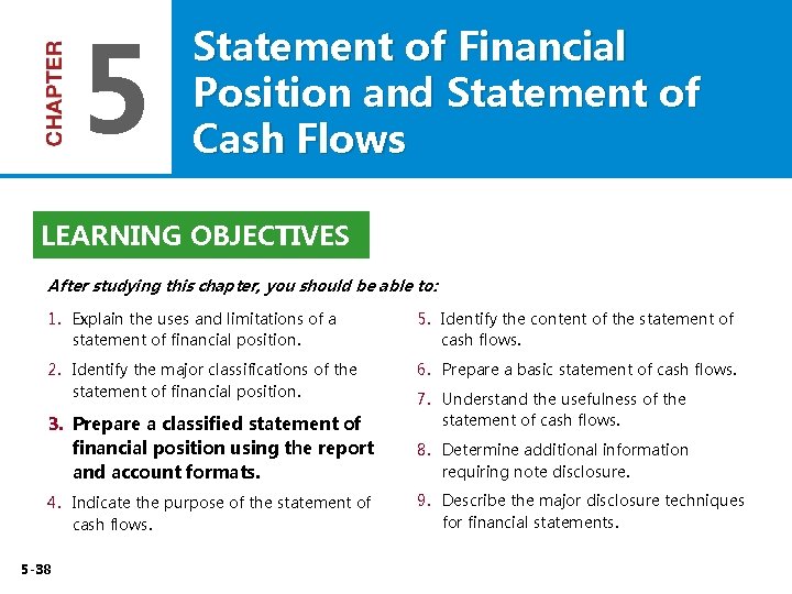 5 Statement of Financial Position and Statement of Cash Flows LEARNING OBJECTIVES After studying