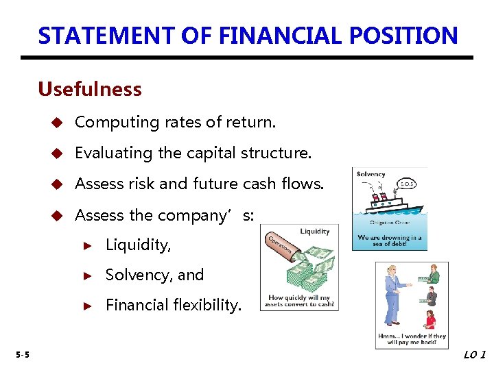 STATEMENT OF FINANCIAL POSITION Usefulness 5 -5 u Computing rates of return. u Evaluating