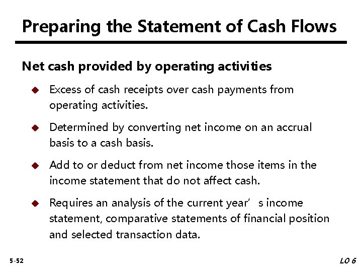 Preparing the Statement of Cash Flows Net cash provided by operating activities 5 -52