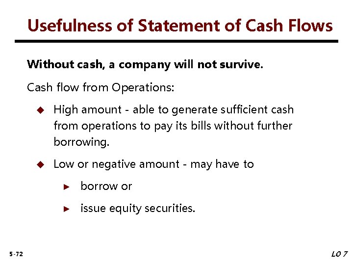 Usefulness of Statement of Cash Flows Without cash, a company will not survive. Cash