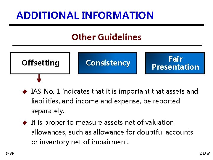 ADDITIONAL INFORMATION Other Guidelines Offsetting 5 -89 Consistency Fair Presentation u IAS No. 1