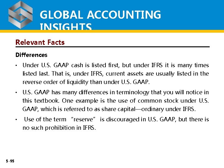 GLOBAL ACCOUNTING INSIGHTS Relevant Facts Differences • Under U. S. GAAP cash is listed