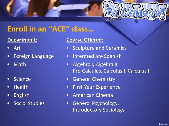 Enroll in an “ACE” class… Department: • Art • Foreign Language • Math •