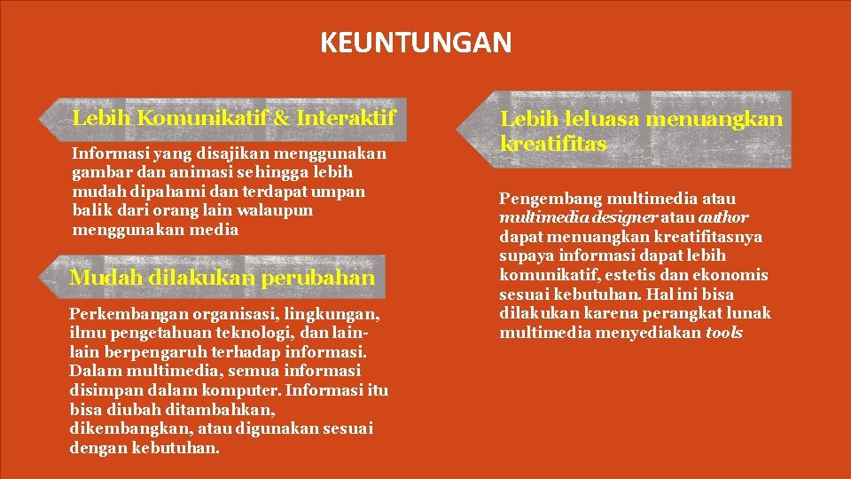 KEUNTUNGAN Lebih Komunikatif & Interaktif Informasi yang disajikan menggunakan gambar dan animasi sehingga lebih