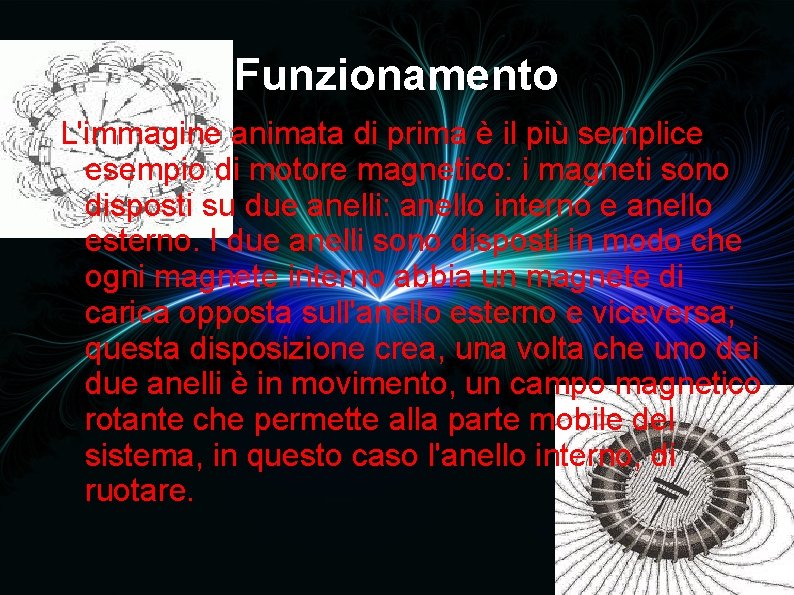 Funzionamento L'immagine animata di prima è il più semplice esempio di motore magnetico: i