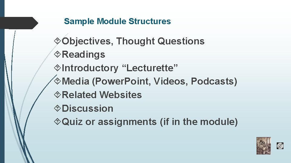 Sample Module Structures Objectives, Thought Questions Readings Introductory “Lecturette” Media (Power. Point, Videos, Podcasts) Sample Module Structures Objectives, Thought Questions Readings Introductory “Lecturette” Media (Power. Point, Videos, Podcasts)