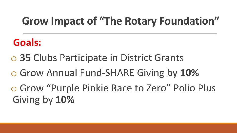Grow Impact of “The Rotary Foundation” Goals: o 35 Clubs Participate in District Grants