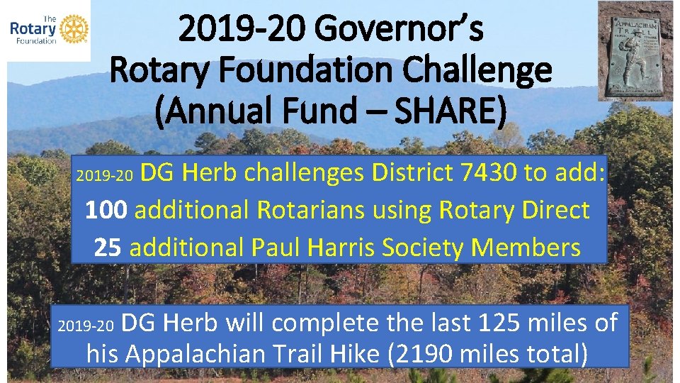 2019 -20 Governor’s Rotary Foundation Challenge (Annual Fund – SHARE) DG Herb challenges District