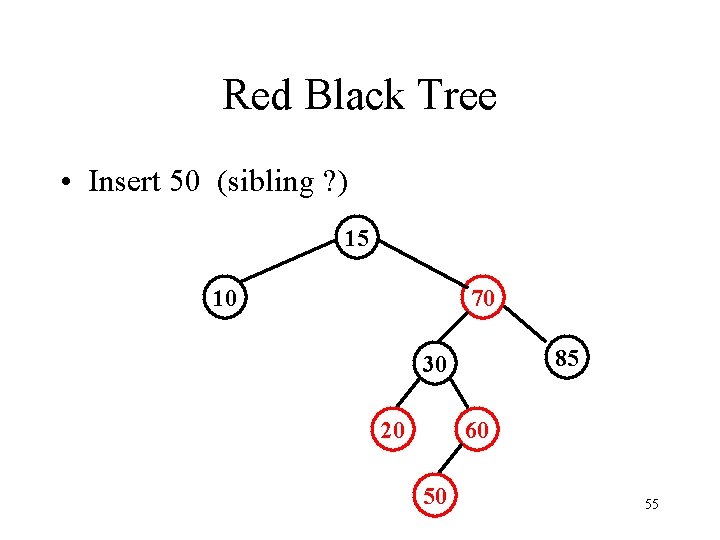 Red Black Tree • Insert 50 (sibling ? ) 15 10 70 85 30