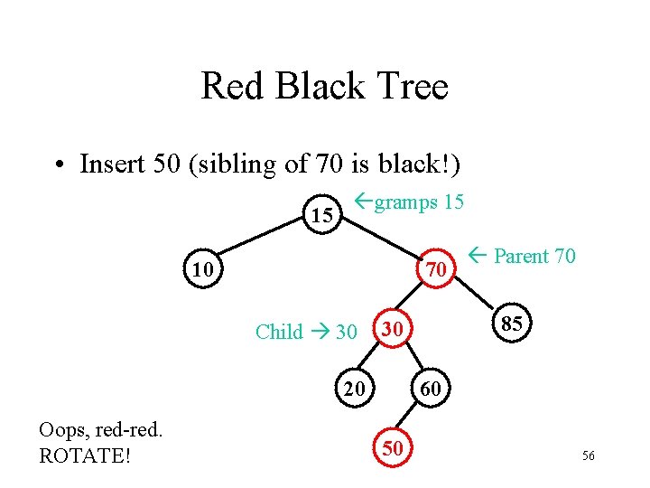 Red Black Tree • Insert 50 (sibling of 70 is black!) 15 gramps 15