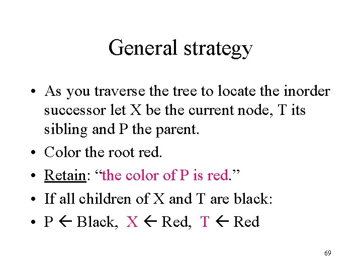 General strategy • As you traverse the tree to locate the inorder successor let