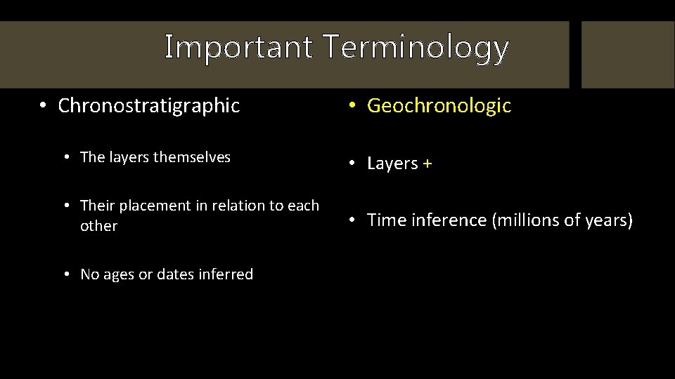 Important Terminology • Chronostratigraphic • Geochronologic • The layers themselves • Layers + •