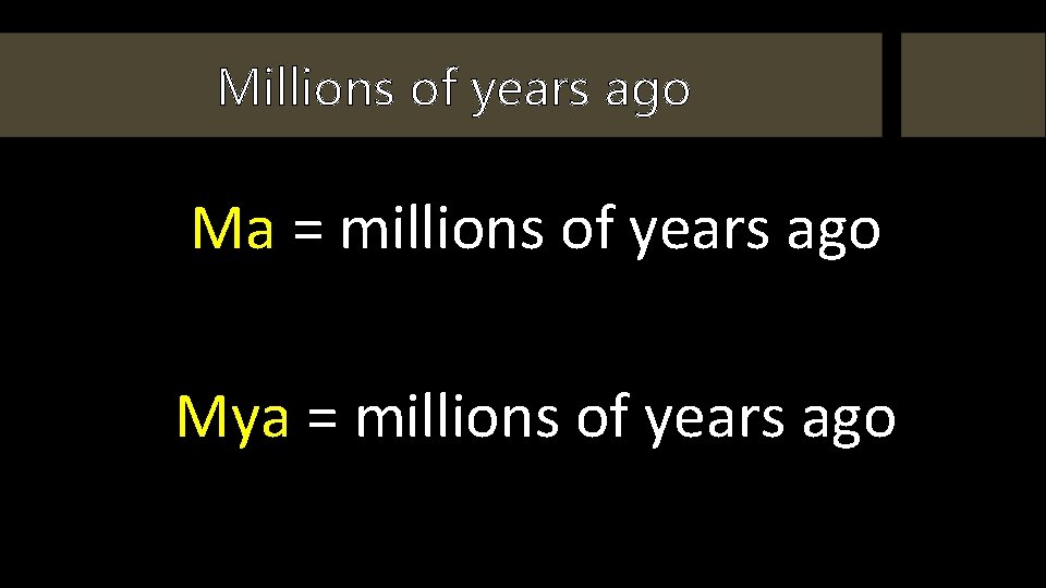 Millions of years ago Ma = millions of years ago Mya = millions of