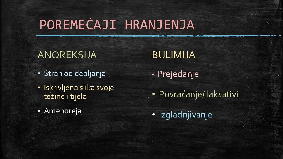 POREMEĆAJI HRANJENJA ANOREKSIJA BULIMIJA ▪ Strah od debljanja • ▪ Iskrivljena slika svoje težine