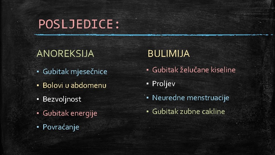 POSLJEDICE: ANOREKSIJA BULIMIJA ▪ Gubitak mjesečnice ▪ Gubitak želučane kiseline ▪ Bolovi u abdomenu