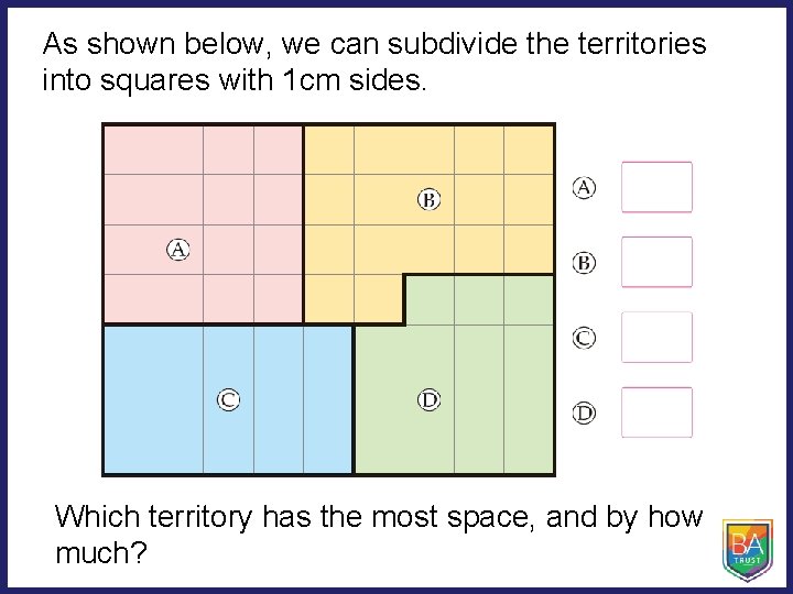 As shown below, we can subdivide the territories into squares with 1 cm sides.