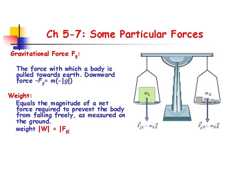 Ch 5 -7: Some Particular Forces Gravitational Force Fg: The force with which a