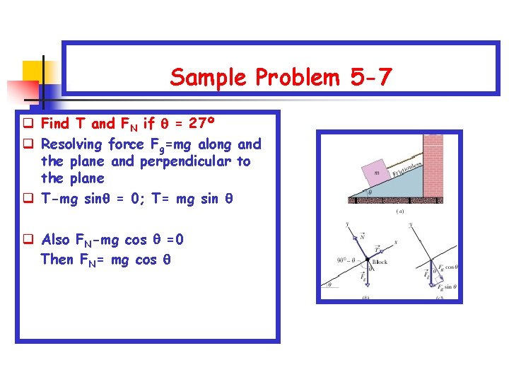 Sample Problem 5 -7 q Find T and FN if = 27º q Resolving