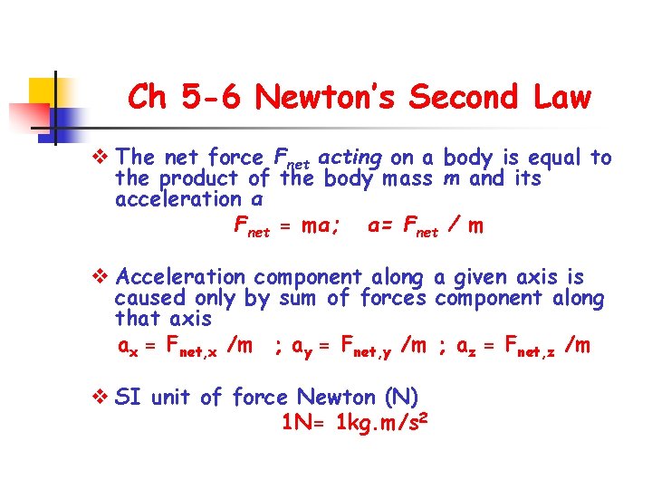 Ch 5 -6 Newton’s Second Law v The net force Fnet acting on a