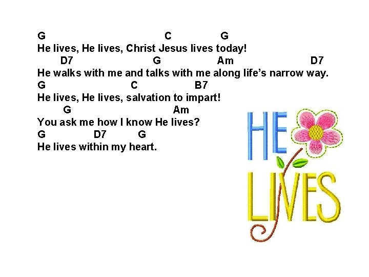 G C G He lives, Christ Jesus lives today! D 7 G Am D G C G He lives, Christ Jesus lives today! D 7 G Am D