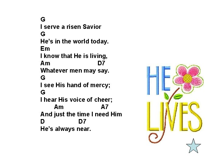 G I serve a risen Savior G He’s in the world today. Em I G I serve a risen Savior G He’s in the world today. Em I
