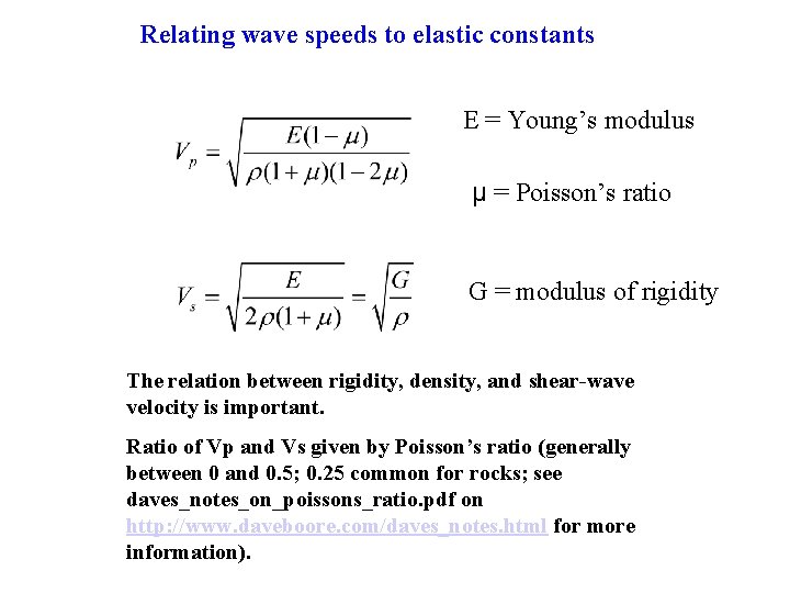 Relating wave speeds to elastic constants E = Young’s modulus μ = Poisson’s ratio