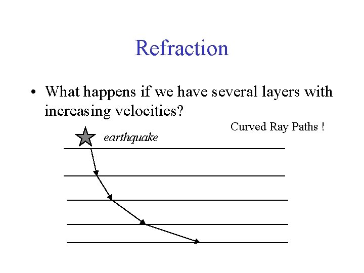 Refraction • What happens if we have several layers with increasing velocities? earthquake Curved