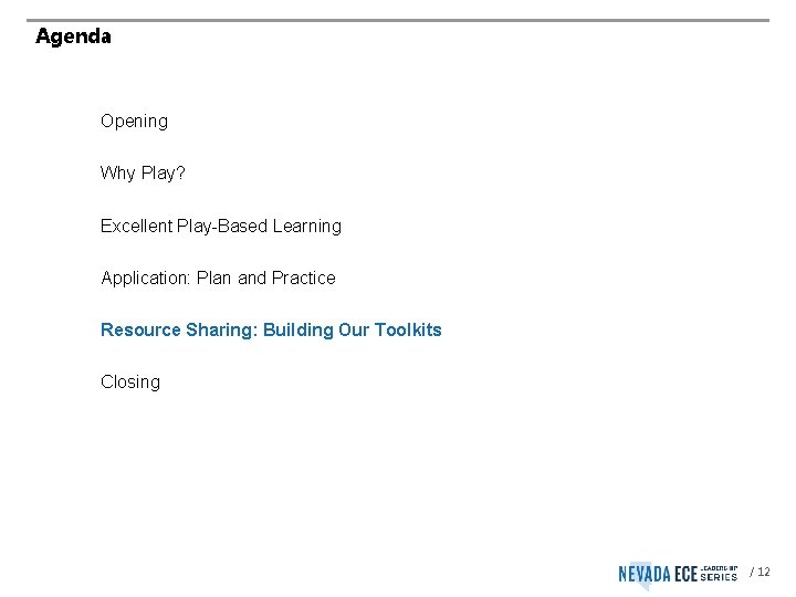 Agenda Opening Why Play? Excellent Play-Based Learning Application: Plan and Practice Resource Sharing: Building
