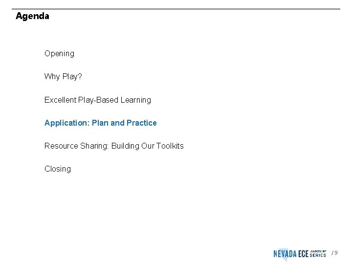 Agenda Opening Why Play? Excellent Play-Based Learning Application: Plan and Practice Resource Sharing: Building