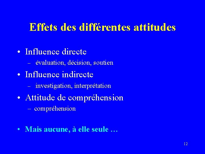 Effets des différentes attitudes • Influence directe – évaluation, décision, soutien • Influence indirecte